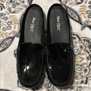 Rose Petals by Walking Cradles Black Mules with Textured Glossy Finish